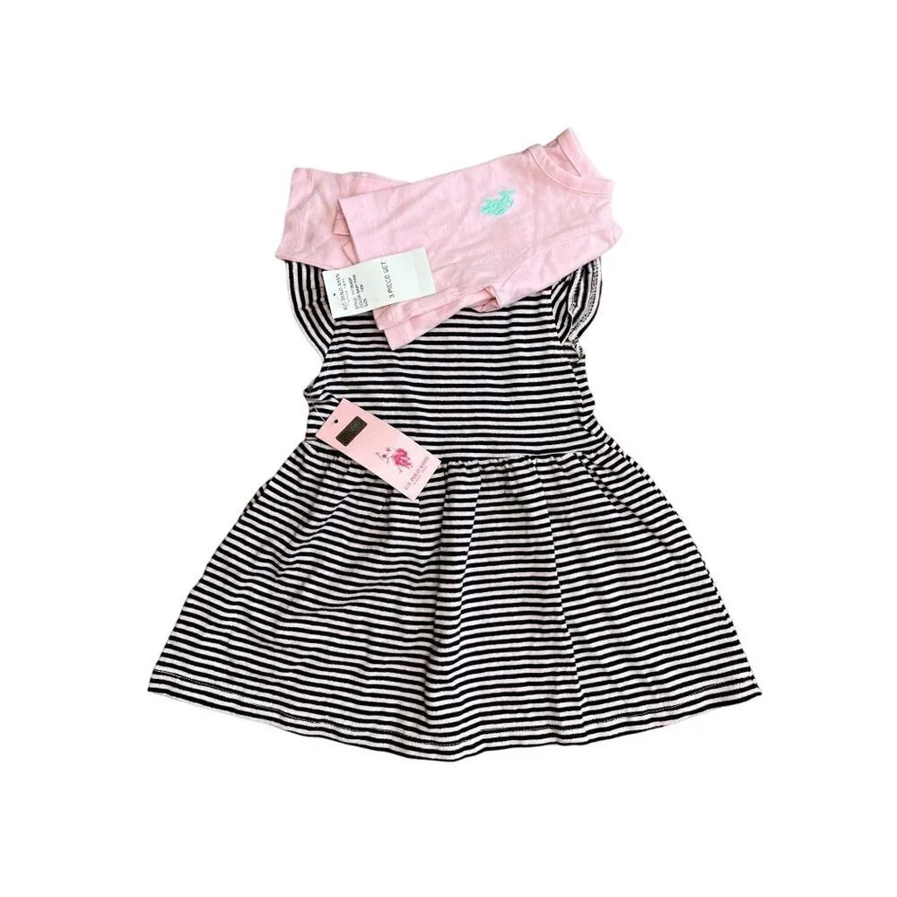 U.S. Polo Assn. Baby Girl's 2-Piece Dress Set Pink Cardigan Striped Dress 12M